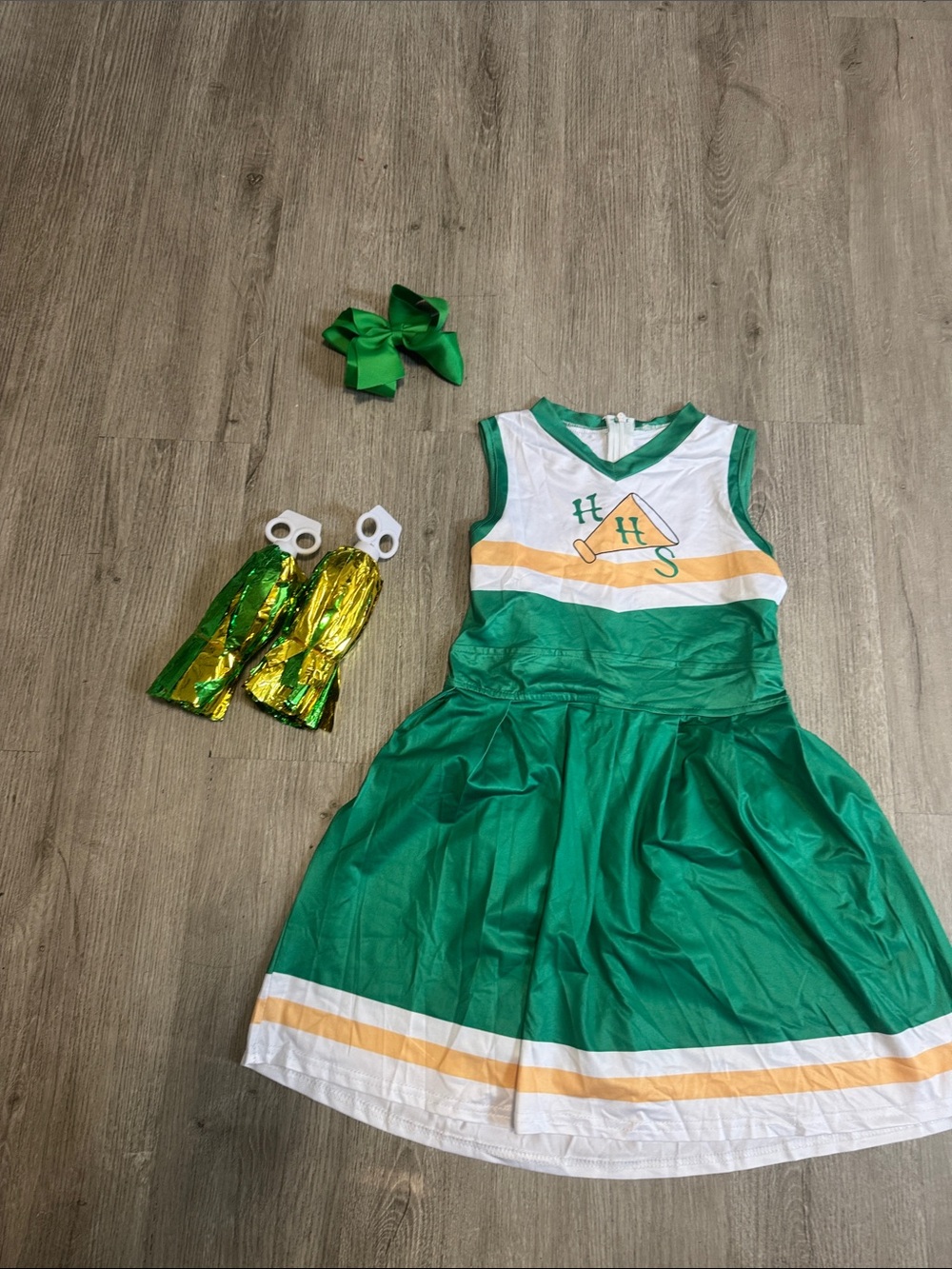 Green Cheerleader Costume Dress with Pom-Poms and Bow - Kids